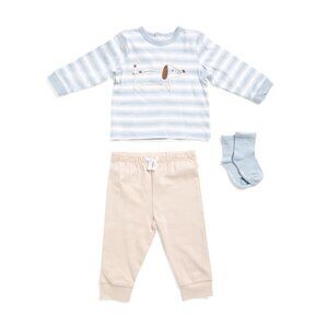 LITTLE ME Tan Newborn Boys 2pc Puppy Embroidered Top And Joggers Set With Socks